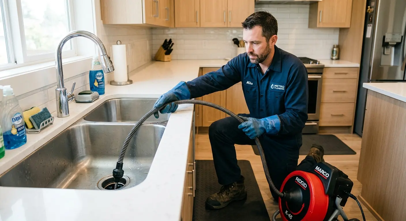 Drain cleaning technician using a motorized snake on a kitchen sink in Cooper