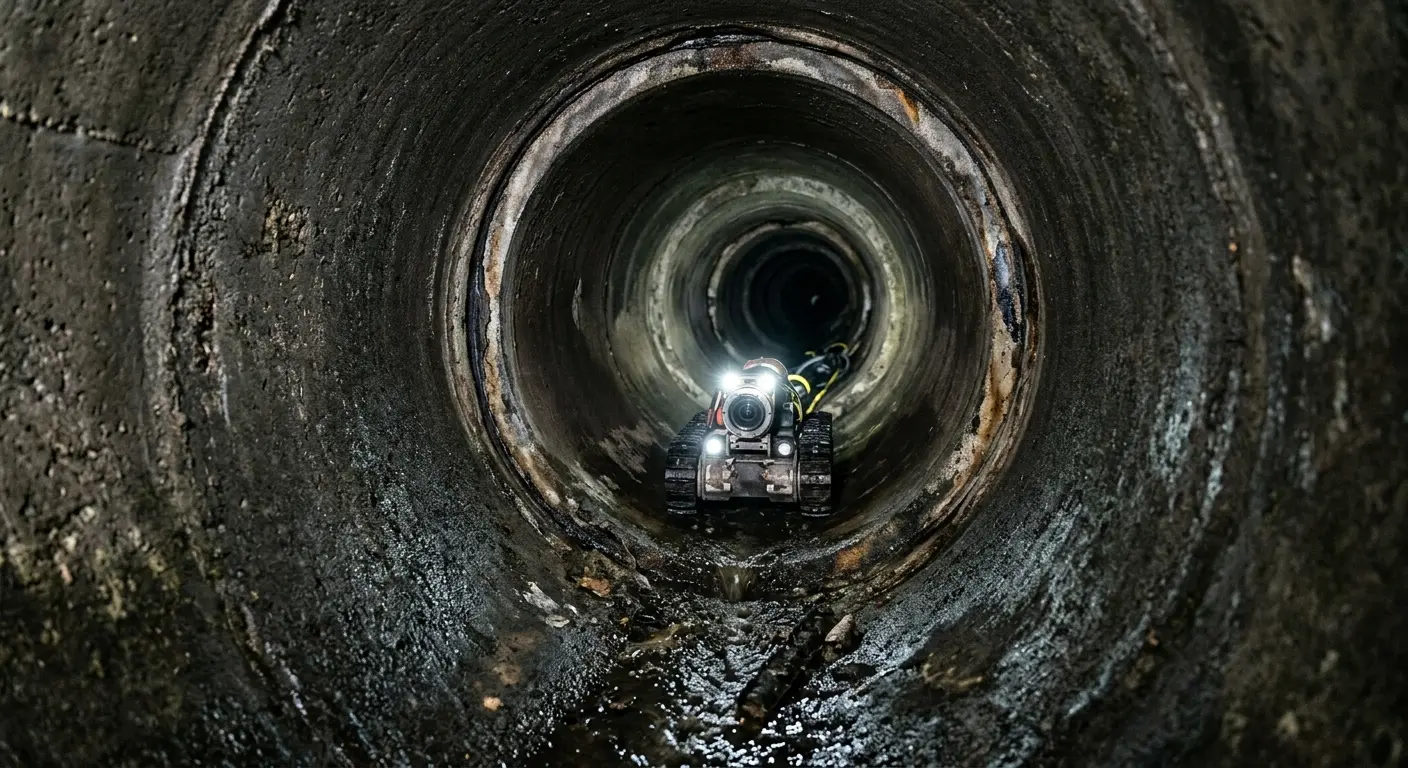 Robotic sewer camera inspecting pipe interior for Sewer Line Cleaning in Cooper