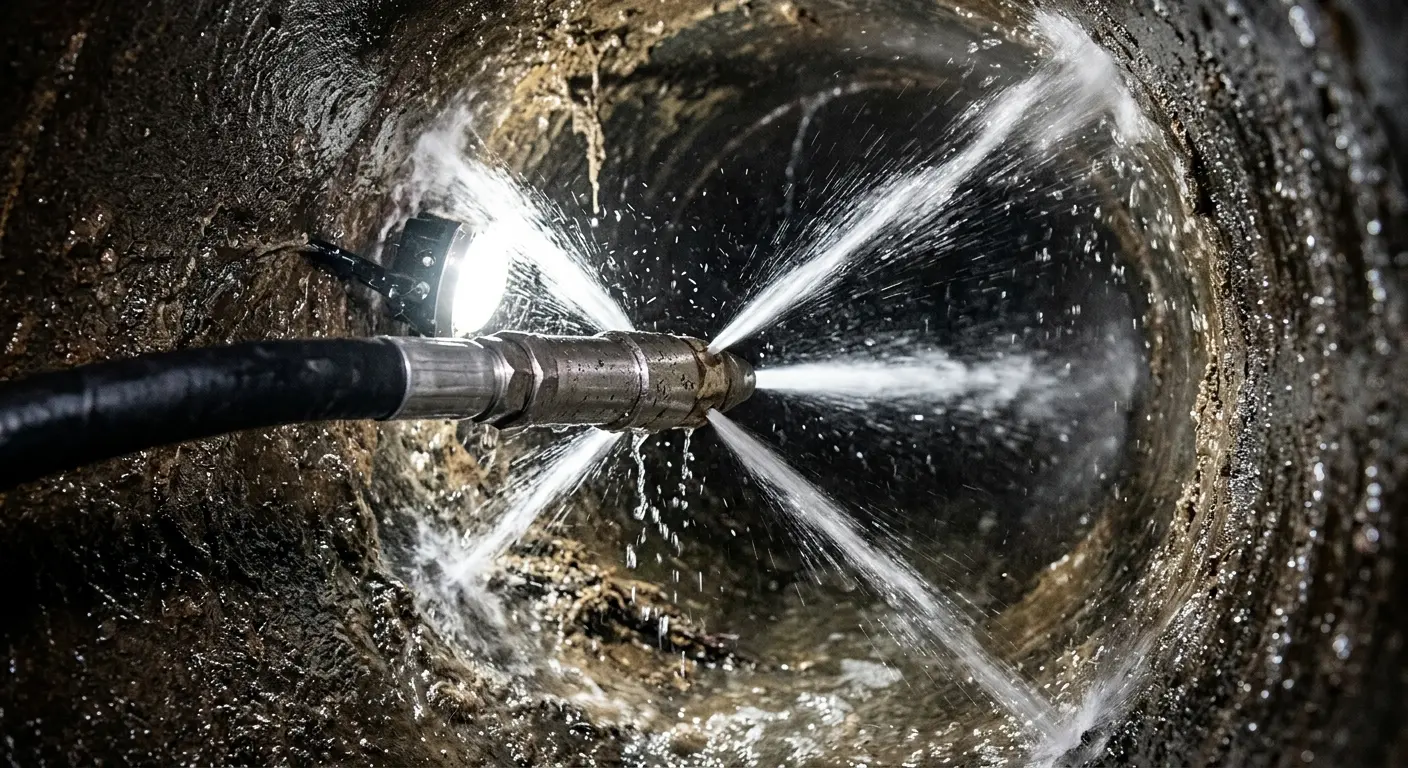 High-pressure hydro jetting nozzle cleaning sewer pipe for Emergency Drain Service in Cooper
