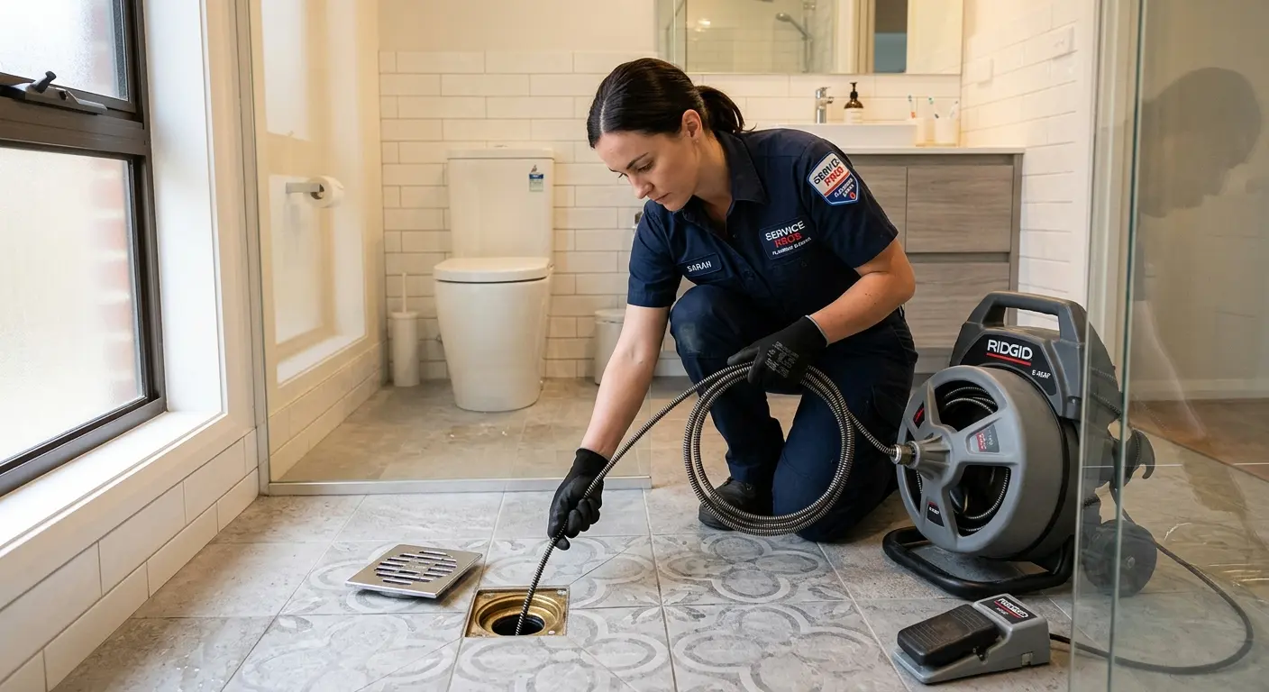 Technician clearing a bathroom floor drain for Drain Repair in Cooper